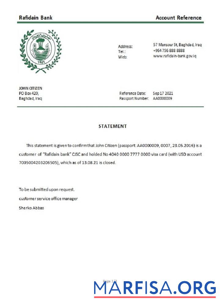 Realistic Iraq Rafidain closure reference sample